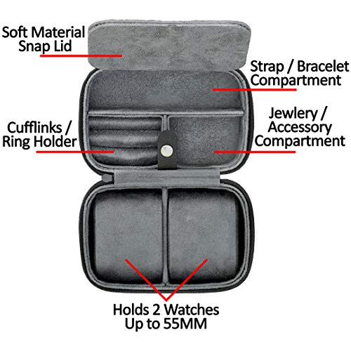 ROTHWELL 2 Watch Travel Case Storage Organizer for 2 Watches | Tough Portable Protection w/Zipper Fits All Wristwatches & Smart Watches Up to 50mm (Black/Grey) - color: Black/Grey - w/ Accessory Lid