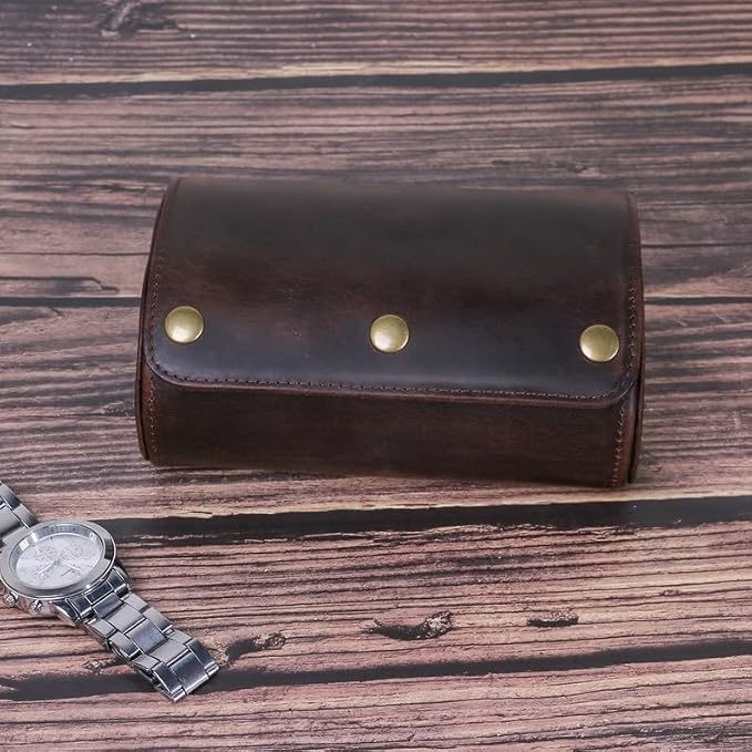 Genuine Leather Watch Roll Travel Case,2 Slots Vintage Full Grain Leather Watch Box with Pillow for Men,Watch Storage Organizer for Home Storage, Gifts