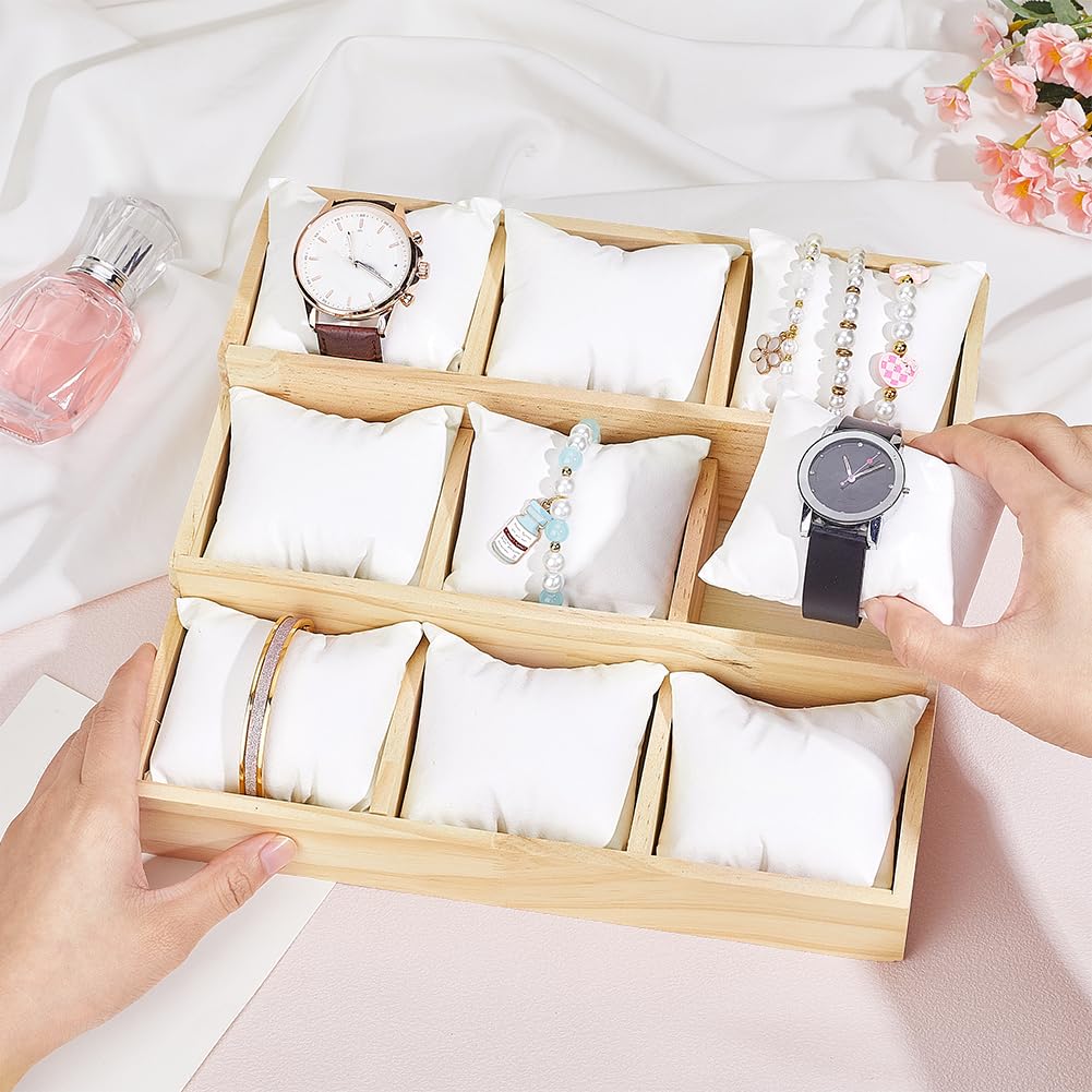 PH PandaHall Wooden Watch Tray, 3-Tier 9 Grids Watch Organizer Stepped Jewelry Tray Bracelet Bangle Display Case Holder Jewelry Show Trays with Adjustable Pillow for Men Women Watches Bracelet Stacks