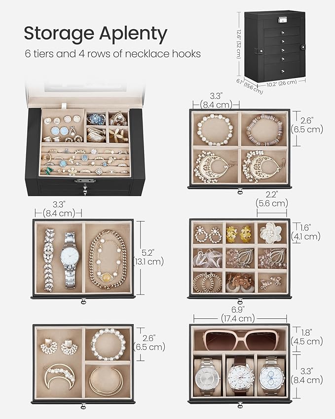 SONGMICS Jewelry Box Organizer, 6-Layer with 5 Drawers, Black | Jewelry Storage Case with Lock and Mirror, Large Storage Capacity, for Necklaces, Watches, Gift for Loved Ones UJBC152B01