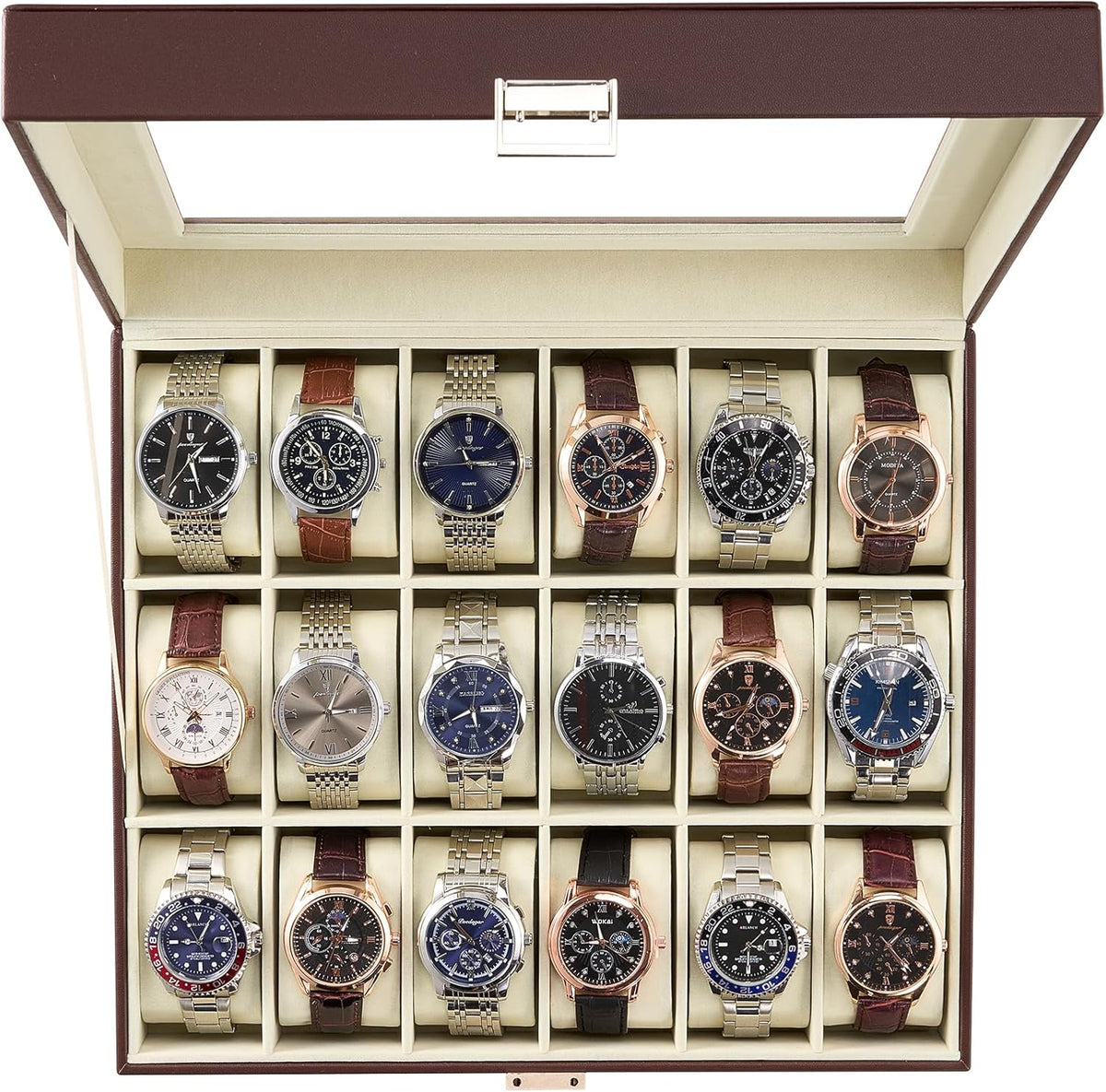 Watch Box with Glass Lid, 3-18 Slots PU Leather Watch Storage Organizer & Display Case | ProCase