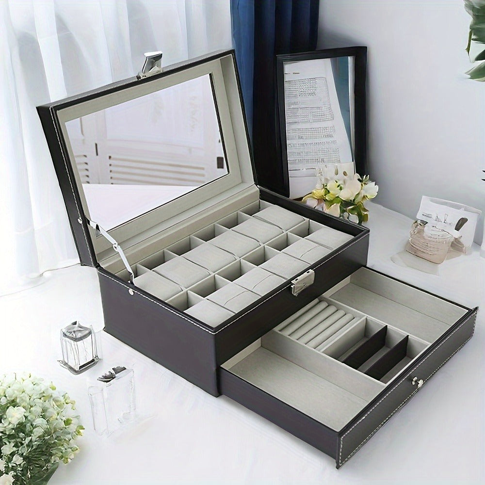 Jewelry Box - Watch Box 12 Slot Faux Leather with Lock - Single & Double Layer Watch Storage Case with Glass