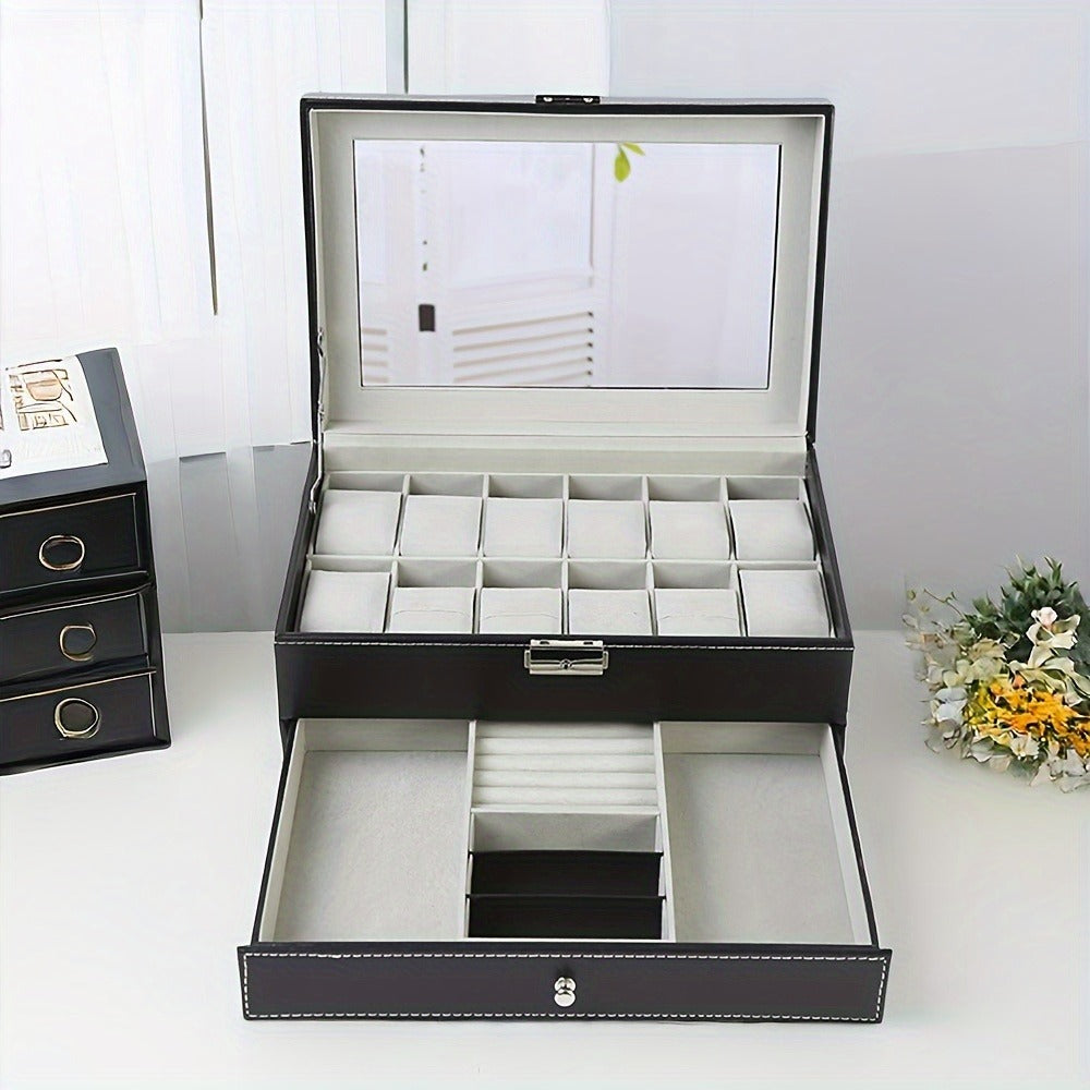 Jewelry Box - Watch Box 12 Slot Faux Leather with Lock - Single & Double Layer Watch Storage Case with Glass