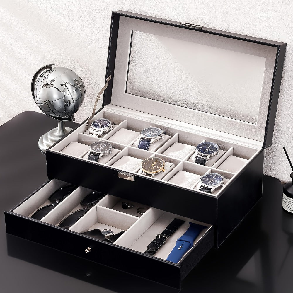 Watch Box Collection with 10-Slot and 12-Slot Single-Layer Cases plus Brown or Black Drawer Styles