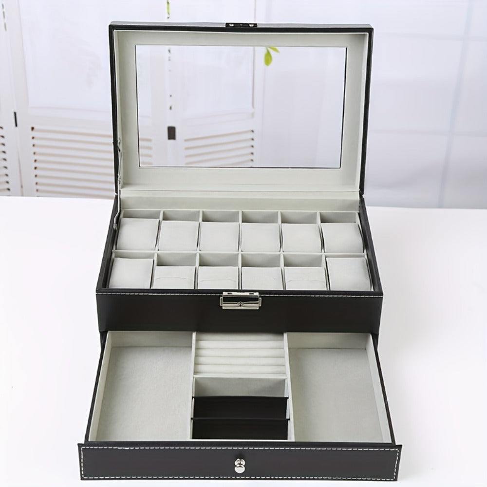 Watch Box Collection with 10-Slot and 12-Slot Single-Layer Cases plus Brown or Black Drawer Styles