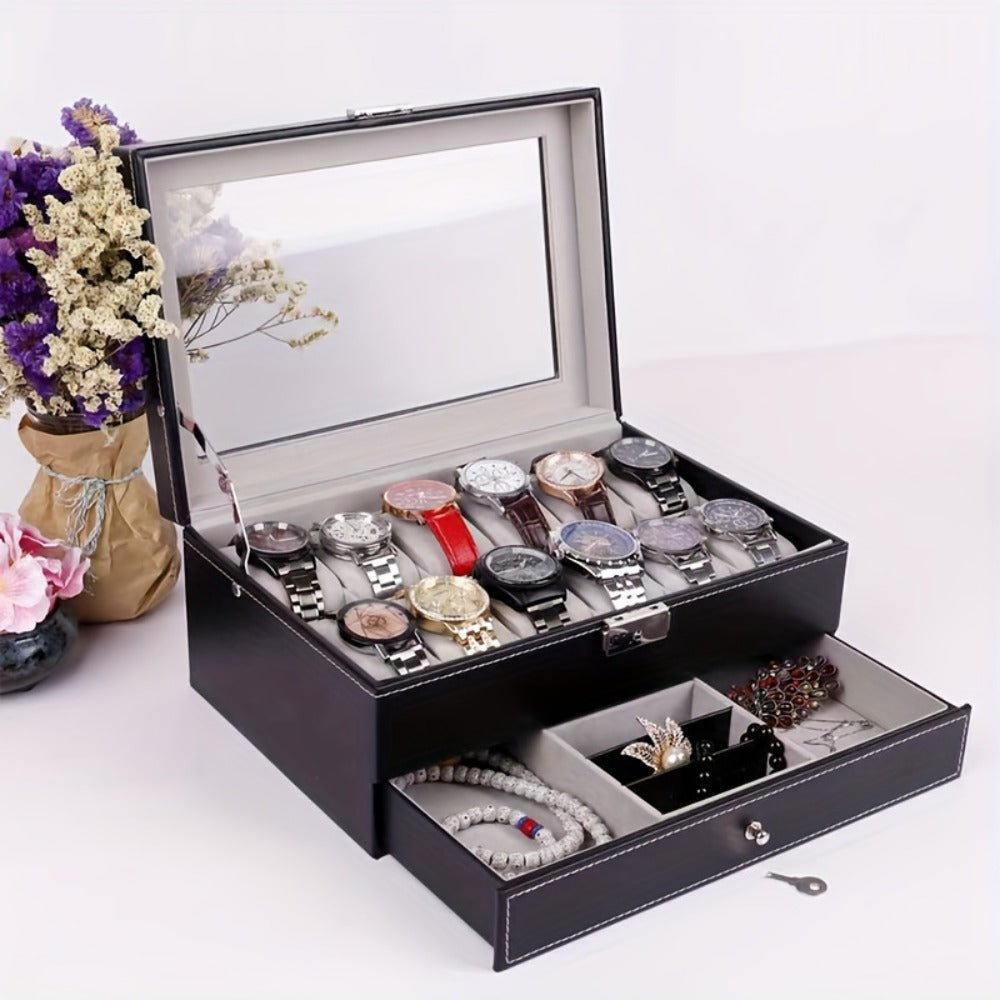 Watch Box Collection with 10-Slot and 12-Slot Single-Layer Cases plus Brown or Black Drawer Styles