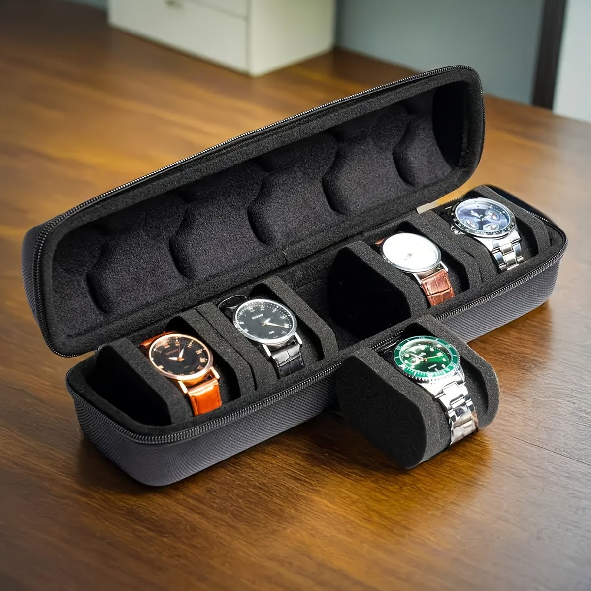 Five-Slot Travel Watch Case with Zippered Hard-Shell Form, Carry Handle and Removable Pillows